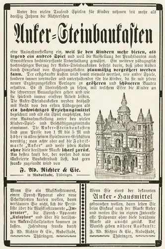 10 x Original-Werbung/ Anzeige 1897 bis 1914 - RICHTER''''S ANKER - STEINBAUKASTEN / RUDOLSTADT / VERSCHIEDENE GRÖSSEN