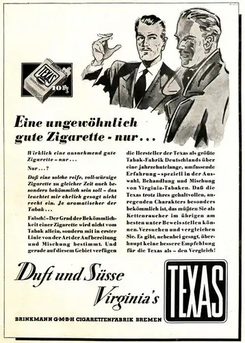 10 x Original-Werbung / Anzeigen 1949 - 1953 - TEXAS CIGARETTEN - GANZSEITEN