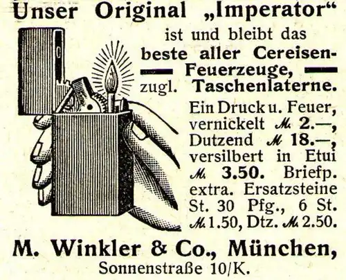 10 x Original-Werbung/ Anzeige 1909 bis 1925 - FEUERZEUGE - UNTERSCHIEDLICHE GRÖSSEN