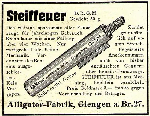 10 x Original-Werbung/ Anzeige 1909 bis 1925 - FEUERZEUGE - UNTERSCHIEDLICHE GRÖSSEN