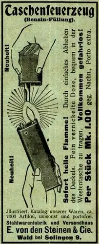 10 x Original-Werbung/ Anzeige 1909 bis 1925 - FEUERZEUGE - UNTERSCHIEDLICHE GRÖSSEN