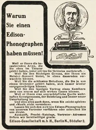 10 x Original-Werbung/ Anzeige 1895 bis 1912 - EDISON PHONOGRAPHEN - UNTERSCHIEDLICHE GRÖSSEN