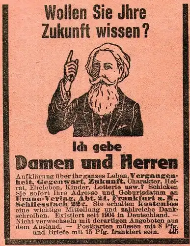 10 x Original-Werbung/ Anzeige 1899 bis 1950 - ESOTERIK / WAHRSAGER/ HYPNOSE U.Ä. / UNTERSCHIEDLICHE GRÖSSEN