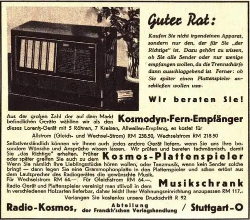 10 x Original-Werbung/ Anzeige 1928 bis 1939 - KOSMOS / KOSMODYN RADIOS - UNTERSCHIEDLICHE GRÖSSEN