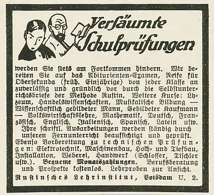 10 x Original-Werbung / Anzeigen 1913 BIS 1936 - RUSTIN''SCHES LEHRINSTITUT POTSDAM - verschiedene Größen