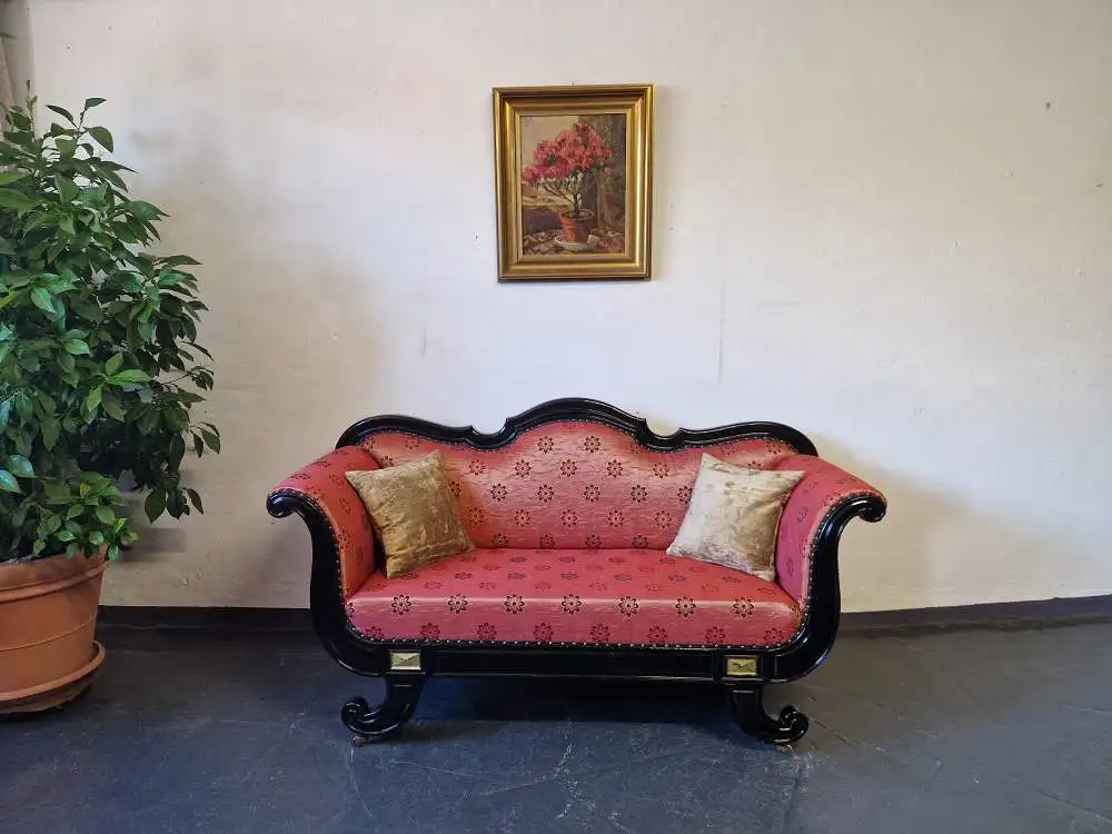  Antikes Jugendstil Sofa um 1890 – geschwärztes Nussbaumfurnier, kunstvoll geschnitzt, restauriert & neu bezogen 0