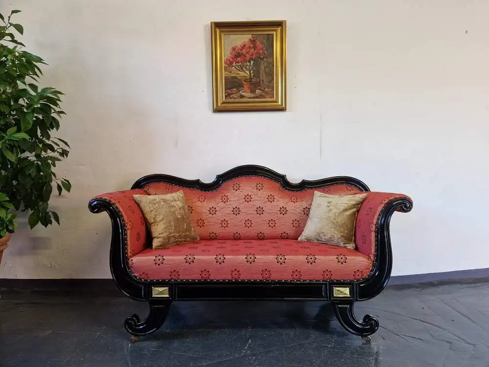 Antikes Jugendstil Sofa um 1890 – geschwärztes Nussbaumfurnier, kunstvoll geschnitzt, restauriert & neu bezogen 1