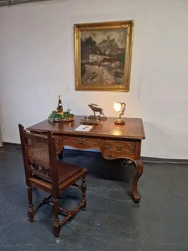 Antiker Barock Doppelschreibtisch aus Eiche – Rautenmuster, Bronzebeschläge, ca. 1850