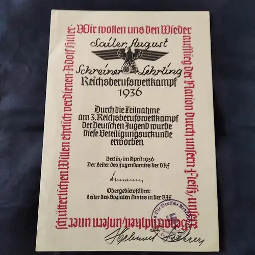 Urkunde, Reichsjugendführung, Deutsche Arbeitsfront, DAF, HJ, Füssen, Reichsberufswettkampf 1936