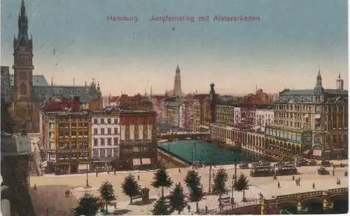 [Ansichtskarte] Hamburg. Jungfernstieg mit Alsterarkaden (mit Straßenbahn !) - 1926 !!!. 
