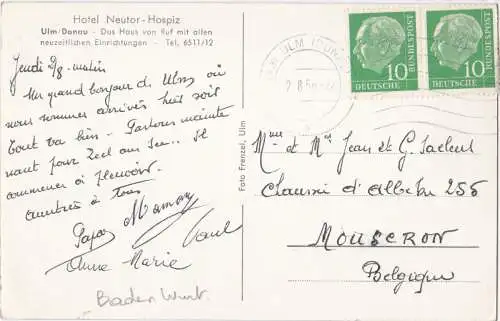 [Ansichtskarte] Hotel Neutor-Hospiz - Ulm/Donau - Das Haus von Ruf mit allen neuzeitlichen Einrichtungen - 1956. 