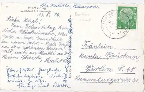 [Ansichtskarte] Hirschsprung - im Höllental/Schwarzwald - 1956. 