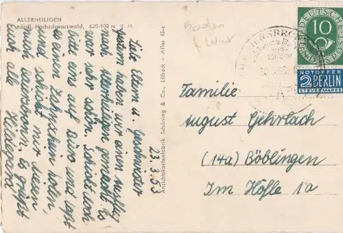 [Ansichtskarte] Feriengrüsse für schreibfaule Leute ! ALLERHEILIGEN, nördl. Hochschwarzwald, 620-900 m ü.M. - 1953. 