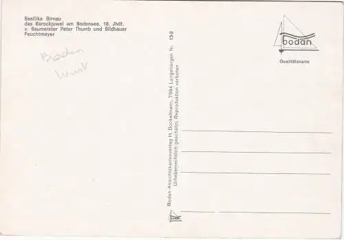 [Ansichtskarte] Basilika Birnau, das Barockjuwel am Bodensee, 18. Jhdt. v. Baumeister Peter Thumb und Bildhauer Feuchtmayer. 