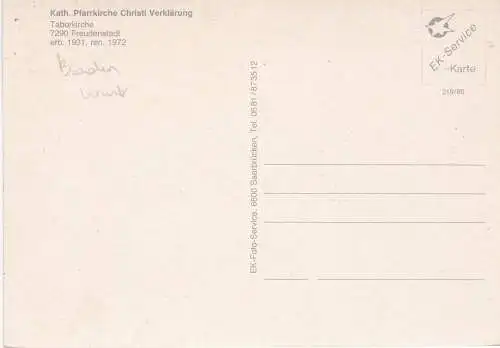 [Ansichtskarte] Kath. Pfarrkirche Christi Verklärung-Taborkirche-7290 Freudenstadt-erb. 1931, ren. 1972. 