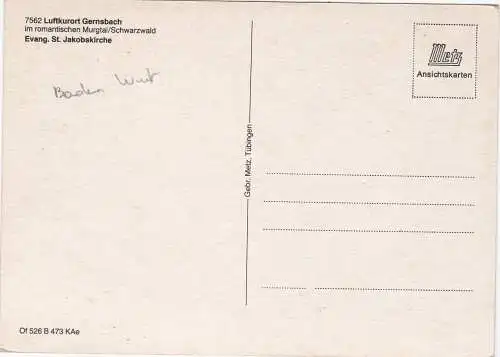 [Ansichtskarte] 7562 Luftkurort Gernsbach im romantischen Murgtal/Schwarzwald - Evang. St. Jakobskirche. 