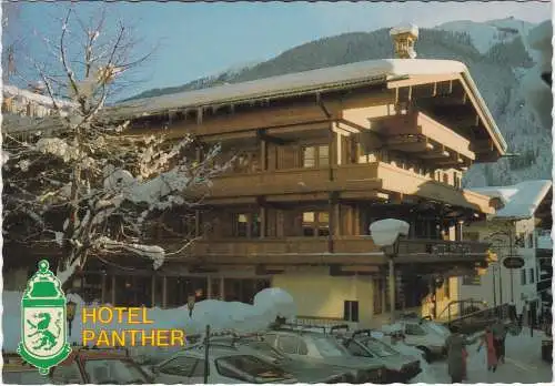[Ansichtskarte] Hotel PANTHER, Familie Rottner-Gasteiger, A-5753 SAALBACH 233 (alte Autos). 