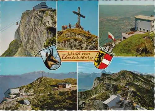 [Ansichtskarte] Grüss vom Untersberg (bei St. Leonhard) - 1973 - Seilbahn Mit Bergstation Geiereck-... Restaurant "Hochalm"-Blick auf den Dachstein-... auf den Salzburger Hochthron und den Watzmann. 