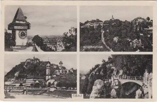 [Ansichtskarte] Graz - Uhrturm - Schlossbergbahn - Mur ü Schlossberg - Felsensteig - 1951. 