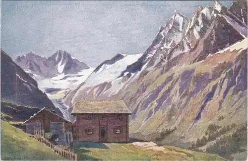 [Ansichtskarte] Künstlerserie "Zillertal" nach Aquarell von Edo v. Handel-Mazzetti - Alpengasthaus "Zum Steinbock" (1400m) in der Floite gegen di Mörchner und die Floitenpiken. 