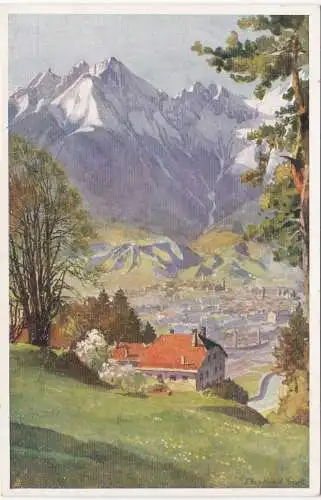 [Ansichtskarte] Blick gegen Norden mit Frau Hitt (2272m) und Solstein (2641m) - nach Aquarell von Edo v. Handel-Mazzetti - Künstlerserie "Innsbruck". 