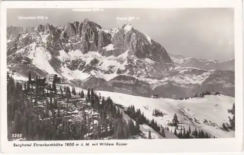 [Ansichtskarte] Berghotel Ehrenbachhöhe 1800m M. mit Wildem Kaiser, im Zentrum des Kitzbüheler Skizirkus - Törlspitzen - Ackerlspitze - Mauck - 1958. 