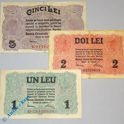 3 x deutsche Besatzung Rumänien 1, 2 und 5 Leu / Lei , 3 Scheine , Ros 474,75,76
