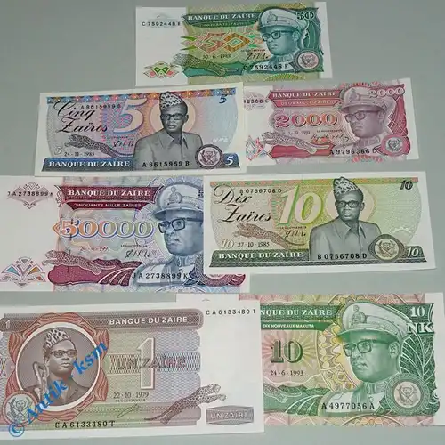 7 x Banknote Banque du Zaire / 7 verschiedene Scheine Zaire , alle kfr / unc