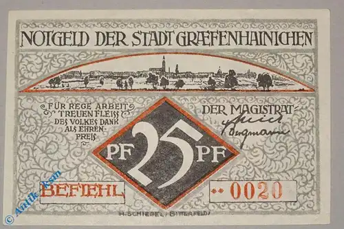 Notgeld Gräfenhainichen , 25 Pf. Schein Nr 1 , ** vor Kn , M/G 461.3 b ,  kfr