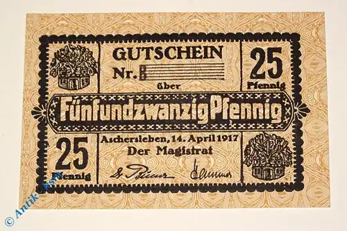 Notgeld Aschersleben , 25 Pfennig , Musterschein o. Kennummer  0255.10.30.M  kfr