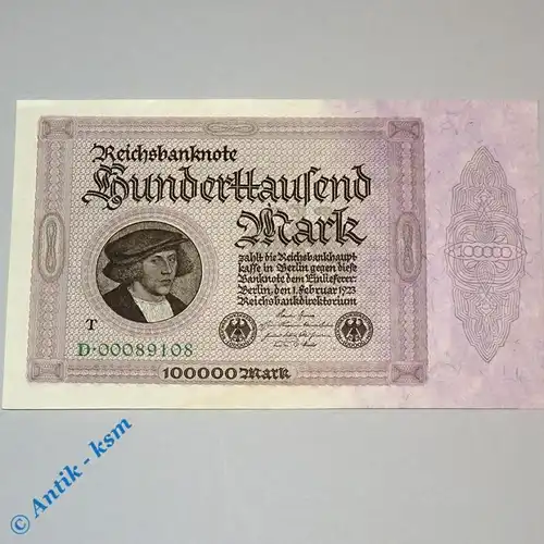 100.000 Mark , Reichsmark Schein mit - T - , Ros 82 c  , 01.02.1923 , kfr/unc