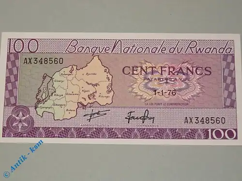 Banknote Banque nationale du Rwanda , 100 Francs Ruanda , 01.01.1976 , kfr / unc