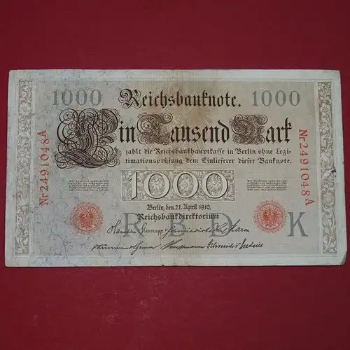 A Reichsbanknote über 1000 Mark von 1910 --- dunkelgrauer Unterdruck Ros. 45 d ?