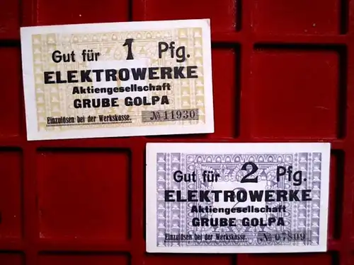 A   2 x Notgeld Elektrowerke Grube GOLPA, 1 und 2  Pfennig,  kfr/unc
