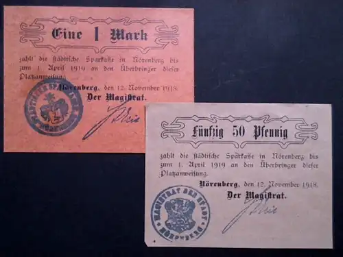 2 x Notgeld NÖRENBERG : Platzanweisung 50 Pf + 1 Mark,von 1918 Papier + Karton.