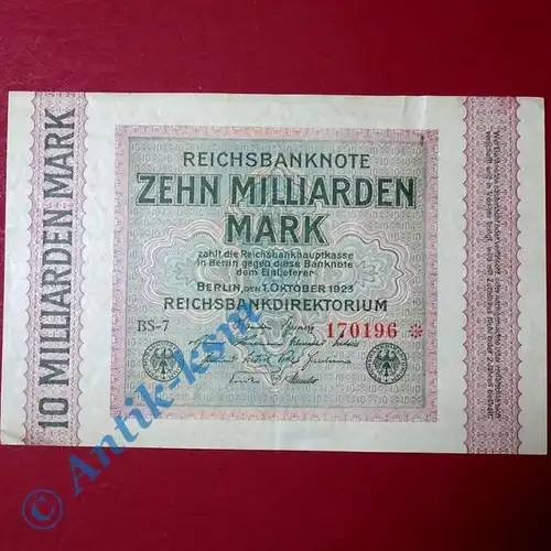 Reichsbanknote über 10 Milliarden Mark , Rosenberg 114 E , WZ = Rauten , selten