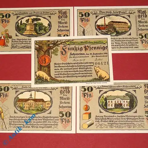 5 x Notgeld Schweina , german emergency Money , M/G 1211.1 , kfr / unc