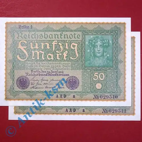 2 x Banknoten über 50 Mark / Reichsmark, "Wiener" von 1919, Fortlaufend  kfr/unc