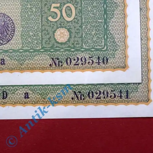 2 x Banknoten über 50 Mark / Reichsmark, "Wiener" von 1919, Fortlaufend  kfr/unc