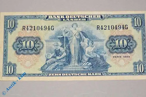 Banknote über 10 Mark Bank deutscher Länder , Ros 258 , Kopfgeld , von 1949