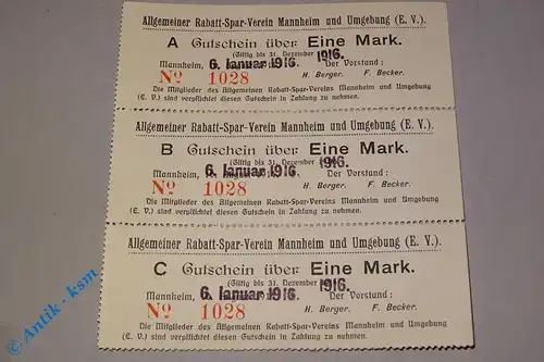 3-er Schein Rabattsparverein Mannheim , von 1916 , 3 x 1 Mark Tieste 4360.05.01