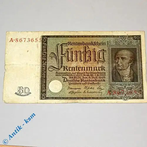 50 Renten Mark , Rentenbank Schein von 1934 , Banknote , Ros 165 , Serie A