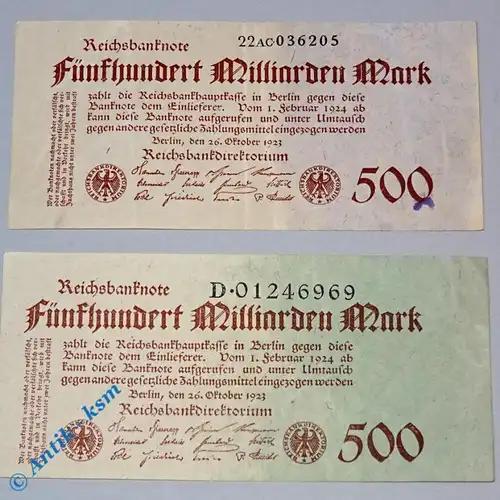 2 x 500 Milliarden Mark , Reichsmark Scheine , Ros 124 , 2 Varianten , b und d