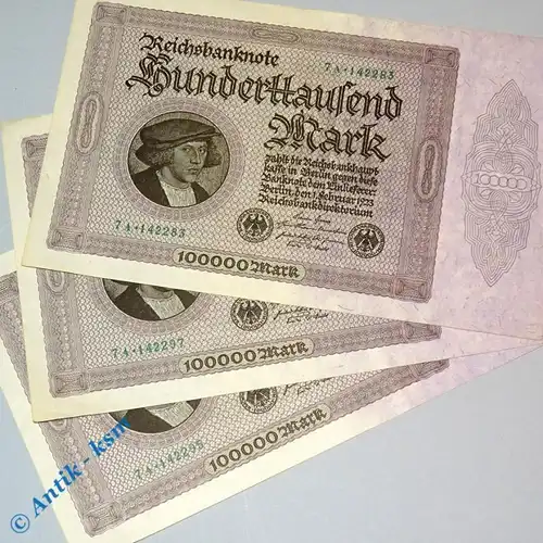 1 x 100.000 Mark , Reichsmark Schein , Ros 82 d  , Banknote vom 01.02.1923  kfr