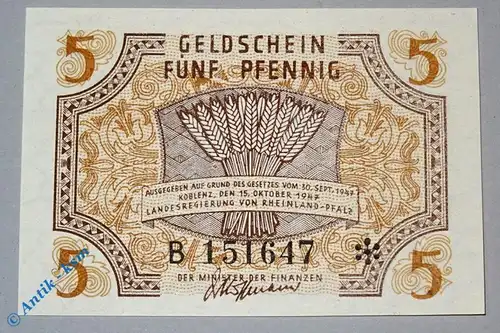 Geldschein , 5 Pfennig Rheinland Pfalz , Alliierte Besatzung , Rosenberg 211 kfr