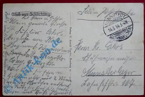 A Postkarte Ansichtskarte Schlichting, Bäckerei, Kolonialwaren, Schule gel.1914