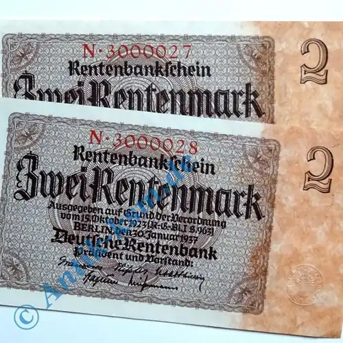 2 x 2 Rentenmark 1937 , Reichsdruck : 7-Stellig FORTLAUFEND  kfr/unc , selten