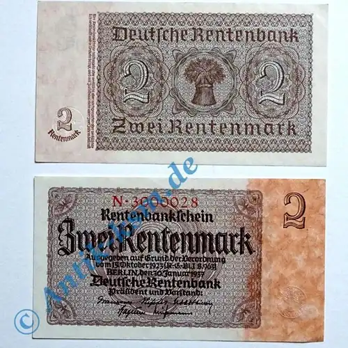 2 x 2 Rentenmark 1937 , Reichsdruck : 7-Stellig FORTLAUFEND  kfr/unc , selten