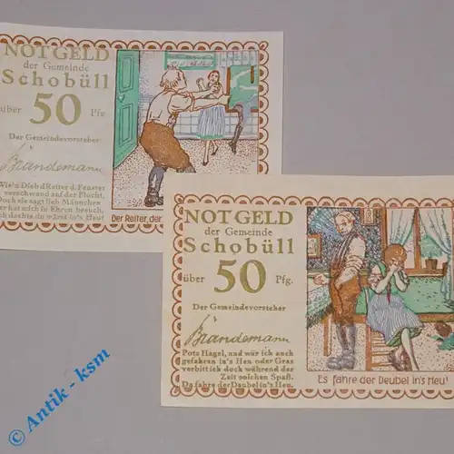 2 x Notgeld Schobüll , Wz = 9,5  german emergency money , M/G 1194.6 ,  kfr./unc