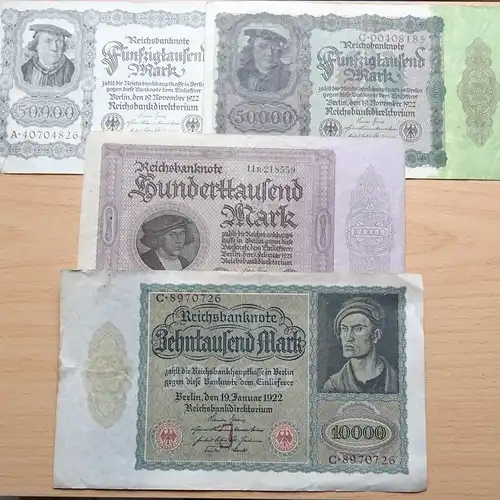 A  Lot Banknoten Deutschland : 2 x 50.000, 10.000 und 100.000  Mark / Reichsmark